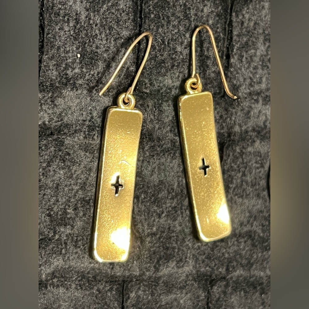 Gold-Tone Rectangular Religious Drop Earrings - G… - image 2